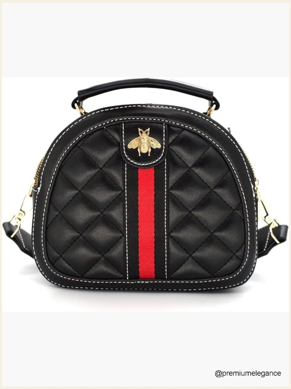 Quilted Leather Crossbody Bag with Bee Design, Top Handle, 2 Shoulder Straps
